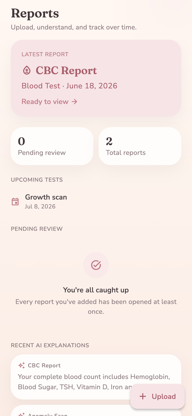 A blood test saved in Lunelle with a plain-English explanation, and the next scan listed underneath.