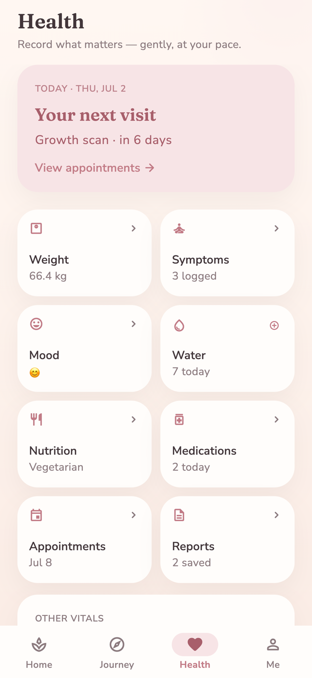 The Health screen in Lunelle, with the next visit at the top and cards for weight, symptoms, mood, water, nutrition, medications, appointments and reports.